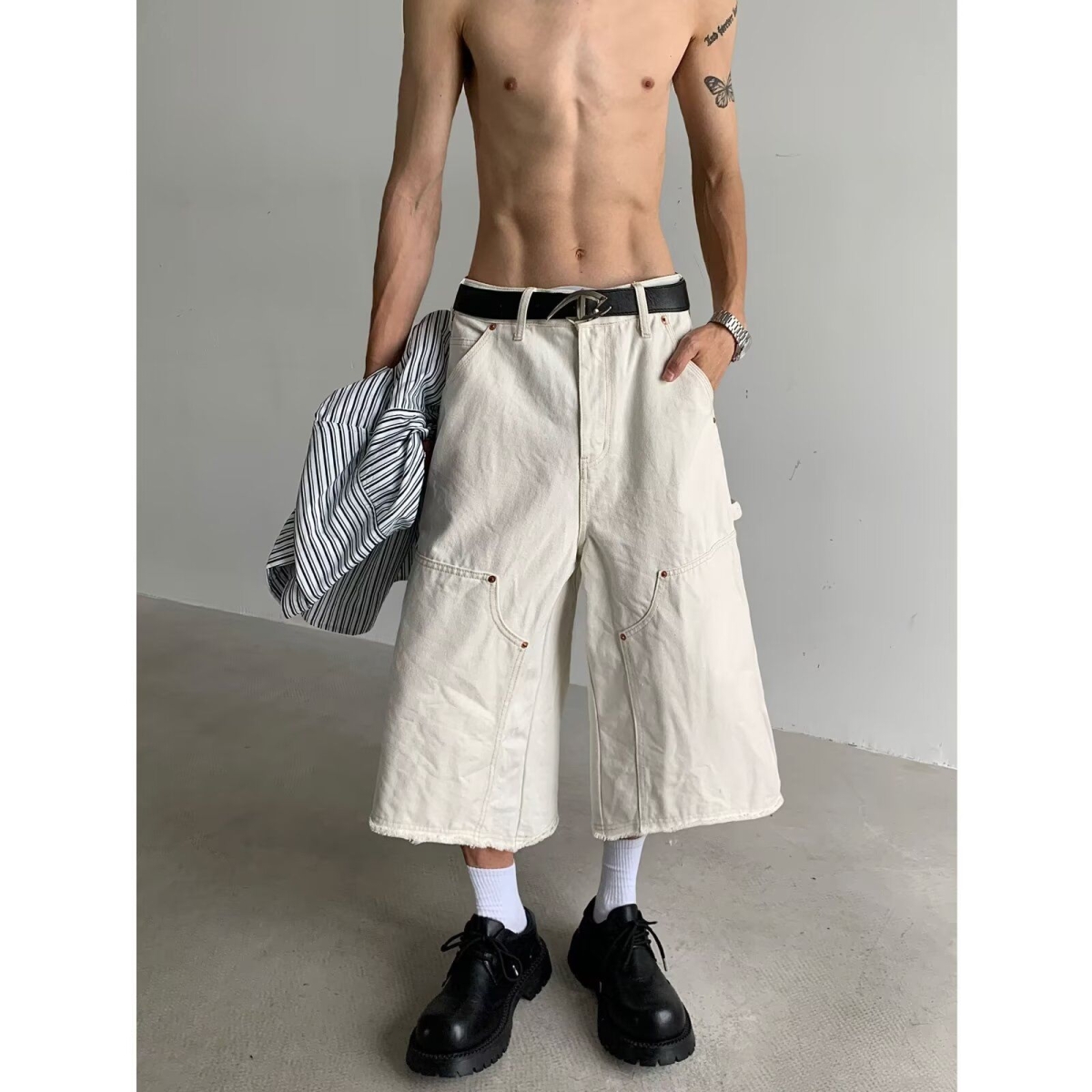 韩版大码工装牛仔裤男2025夏季高街七分裤新款多口袋阔腿百搭显瘦