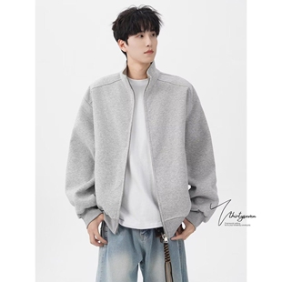 V37美式重磅立领夹克外套男秋高级感cleanfit慵懒风灰色开衫卫衣
