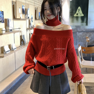 STUDIO 25212 字肩小女人气质绝美麻花短款 配围脖 保暖毛衣 MZI