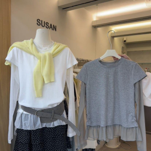 T恤3222s 韩系甜美假两件长袖 SUSAN 夏热恋网纱拼接轻松防晒～夏季