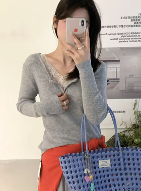 ULOUR/U粒-新韩系蕾丝拼接半拉链版型显瘦百搭不挑人针织衫55571