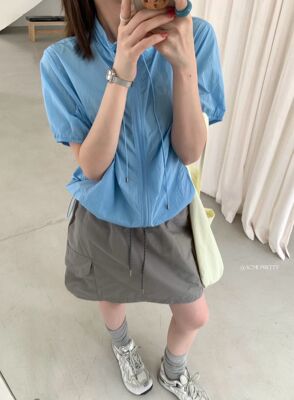 ACME PRETTY韩系简约抽绳下摆防晒衣短袖立领轻薄柔软上衣外套383