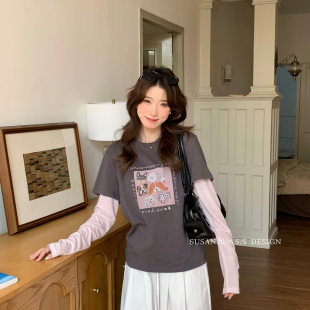 T恤2883s 主推韩系慵懒宽松撞色假两件长袖 SUSAN 夏上新补单款