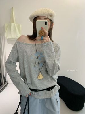 ACME PRETTY早春韩系ins风花边斜肩宽松百搭长袖T恤防晒上衣W350