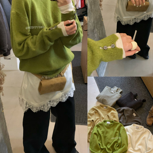 圆领简约套头毛衣25168 MZI 口设计时尚 日韩系软糯纽扣袖 STUDIO