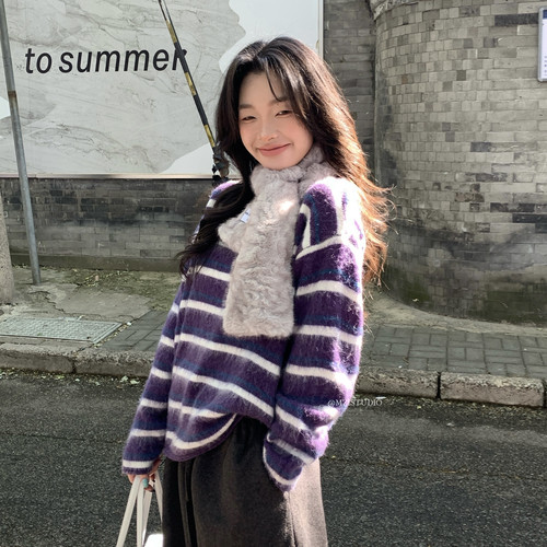 MZI STUDIO-羊毛绒感条纹圆领舒适软糯套头毛衣A80312#