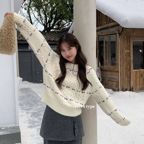 VIVIS TYPE-冬上新韩版气质圆领百搭彩点间色毛衣毛衣3051#