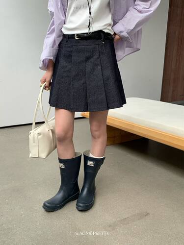 ACME PRETTY学院风高腰A字百褶裙女春季皮带百搭显瘦半身短裙F12