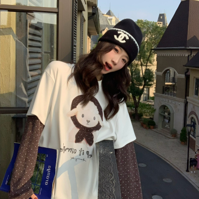 SUSAN-乖少女感韩系软萌头巾贴布小羊减龄慵懒假两件长袖T恤Yc698
