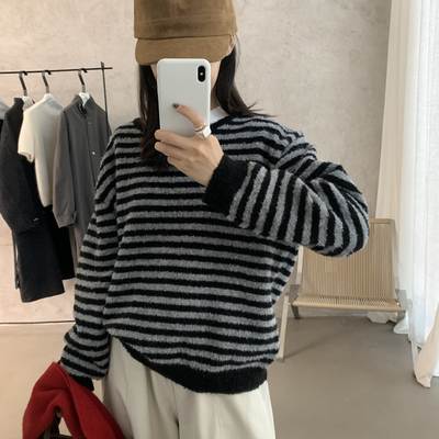 LOVELY韩系慵懒条纹套头撞色保暖毛衣M3813