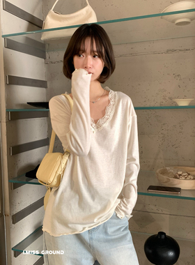 IMISS-春上新韩标花边领棉麻长袖T恤(麻料有麻结麻点为正常)90603