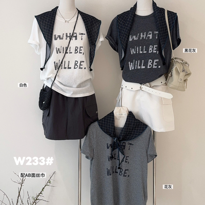 ACME PRETTY-销量王格子丝巾字母短袖T恤(配披肩)(只卖上衣)W223
