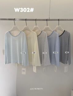 随性松弛感清新条纹防晒T恤设计露背长袖 上衣w302 PRETTY韩版 ACME