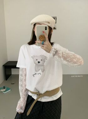 ACMEPRETTY韩系慵懒通勤宽松狗狗蕾丝拼接长袖T恤假两件上衣W382
