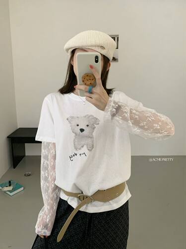 ACMEPRETTY韩系慵懒通勤宽松狗狗蕾丝拼接长袖T恤假两件上衣W382