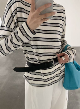 ULOUR/U粒-26年早春氛围感条纹百搭小设计打底长袖T恤53033