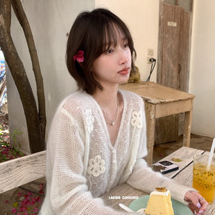 IMISS韩标重工立体花朵V领镂空羊毛针织开衫上衣R991382