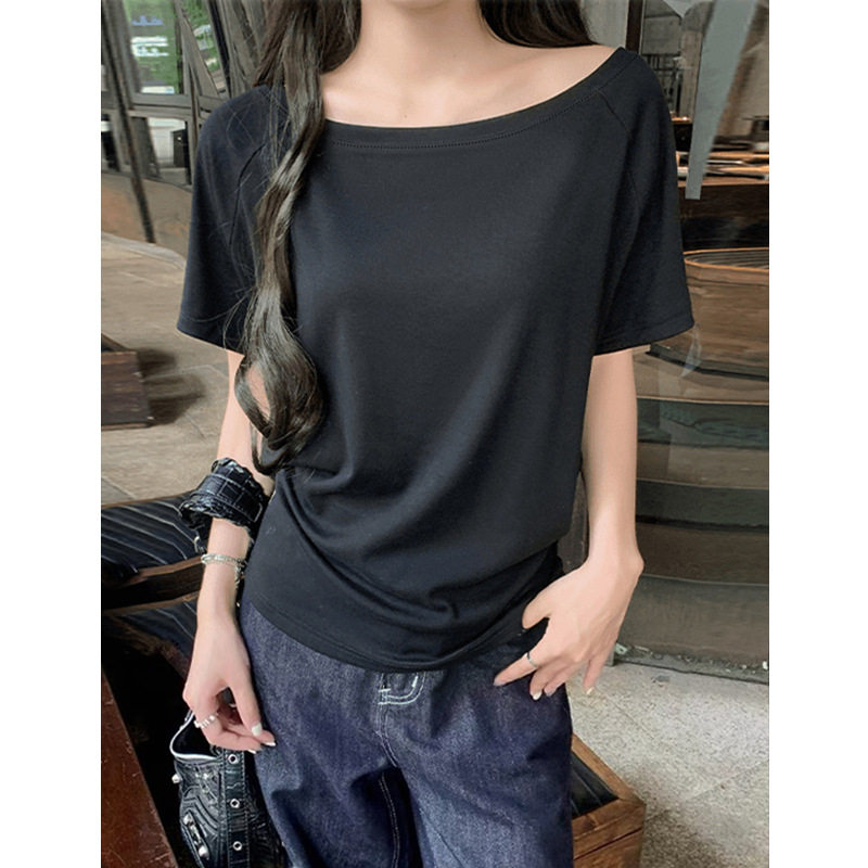 小仙女2025夏季慵懒风斜领露肩T恤女大码胖MM遮肚显瘦简约百搭