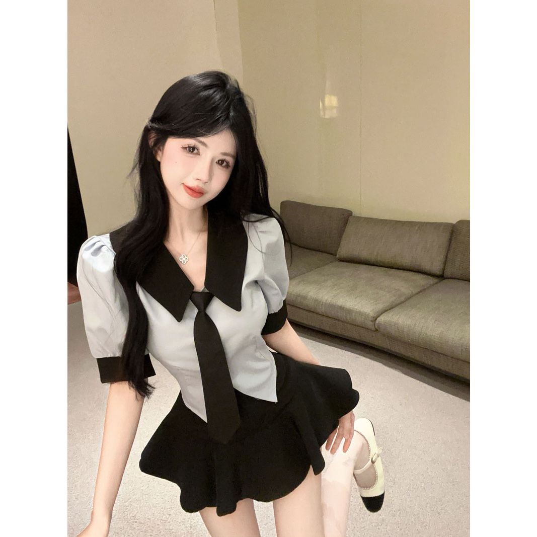 实拍实价 学院风jk制服套装女辣妹收腰短袖衬衫高腰半身裙两件套