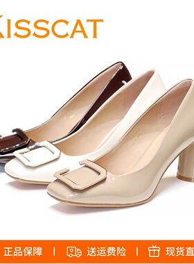 KISSCAT接吻猫2025新款亮漆牛皮方头粗高跟方扣女单鞋KA43522-12