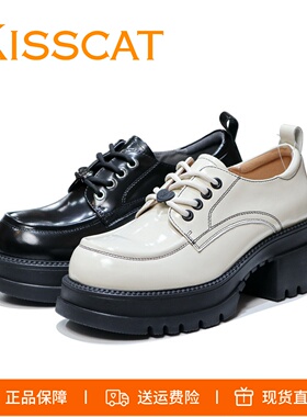 KISSCAT接吻猫2026新款爱心正品增高奥利奥厚底系带乐福鞋女鞋