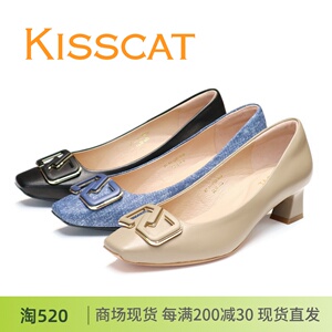 KISSCAT接吻猫2023牛仔羊皮小方头中粗跟加厚垫女单鞋KA43602-14