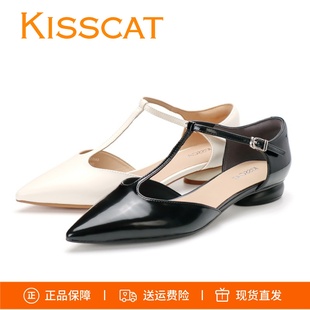 KISSCAT接吻猫2025夏款 低跟尖头牛漆皮T字带玛丽珍鞋 浅口通勤单鞋