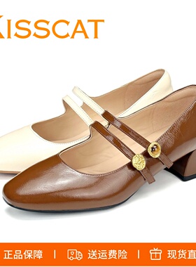 KISSCAT接吻猫2026新方头粗跟金币玛丽珍鞋双条带扣浅口单鞋女鞋