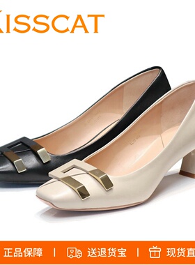 特价KISSCAT接吻猫2024新款49512低粗跟方头羊皮女单鞋KA39512-10