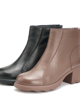 特价Tata他她2024新厚底粗跟短靴羊皮时装靴通勤黑色女靴子CBP01