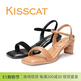 KA43315 KISSCAT接吻猫2023夏款 正品 百搭一字带粗跟羊皮女凉鞋