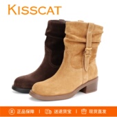 接吻猫2025西部靴 落日大道 游牧风堆堆靴牛仔靴女靴套筒短靴子