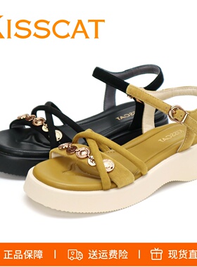 KISSCAT接吻猫2026夏新增高厚底羊皮凉鞋复古金币条带休闲凉鞋女