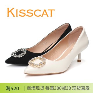 KISSCAT接吻猫2024春款新正品细跟高跟尖头水钻羊皮浅口女鞋单鞋