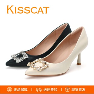 KISSCAT接吻猫2026新款尖头高跟鞋繁花水钻方扣真皮通勤浅口单鞋