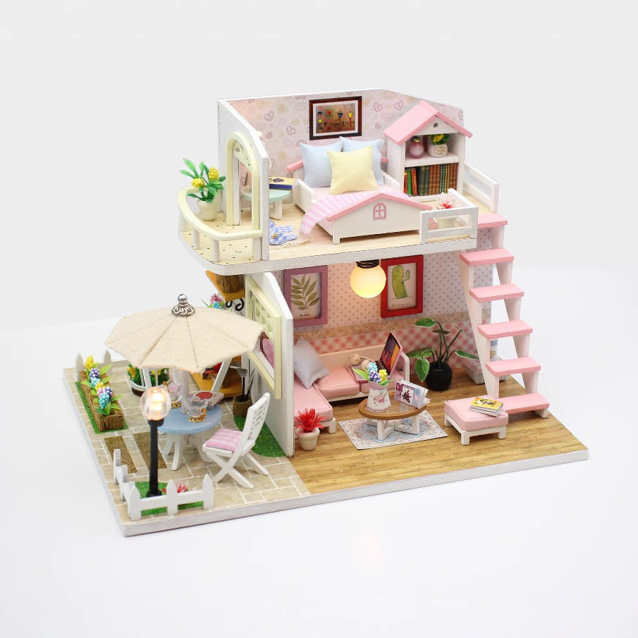 弘达DIY小屋粉黛阁楼 手工拼装别墅模型 木质diy小屋创意礼品