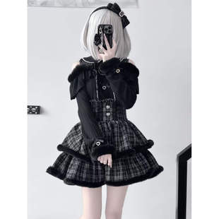 日系清楚系量产型露肩上衣+高腰半裙套装小众千金甜美温柔毛衣女