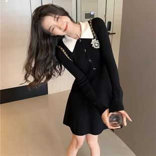 黑色长袖针织连衣裙女2026春季新款内搭学院风娃娃领打底毛衣裙