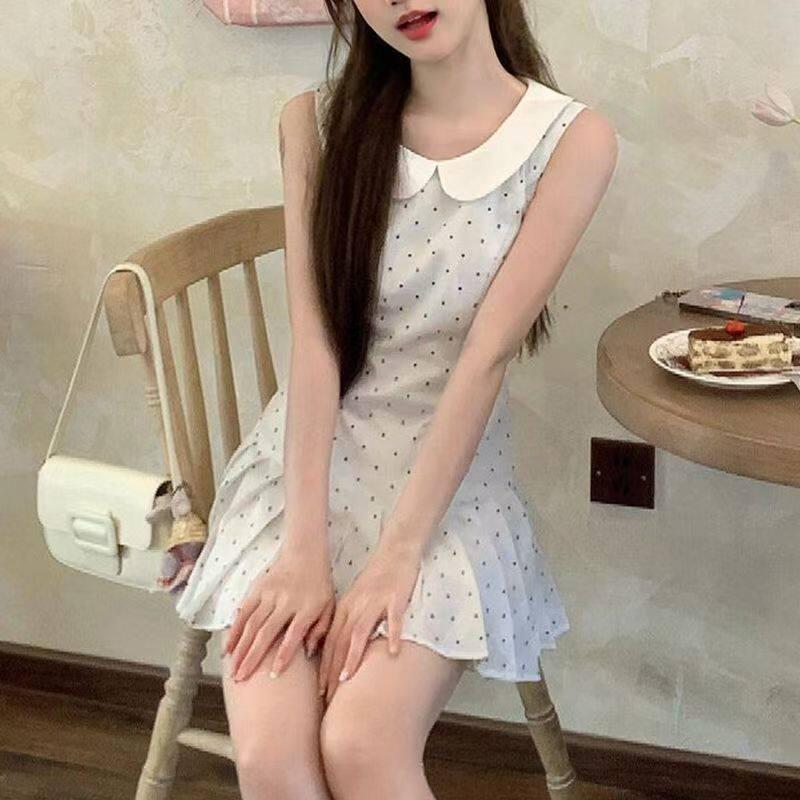 夏季小个子学生气质白色波点娃娃领背心连衣裙女显瘦收腰百褶短裙