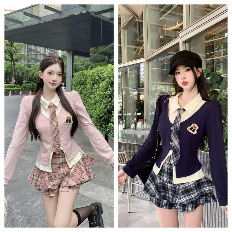 早秋学院风JK撞色假两件两件套