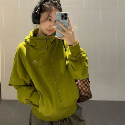 韩系复古绿色高领连帽卫衣外套
