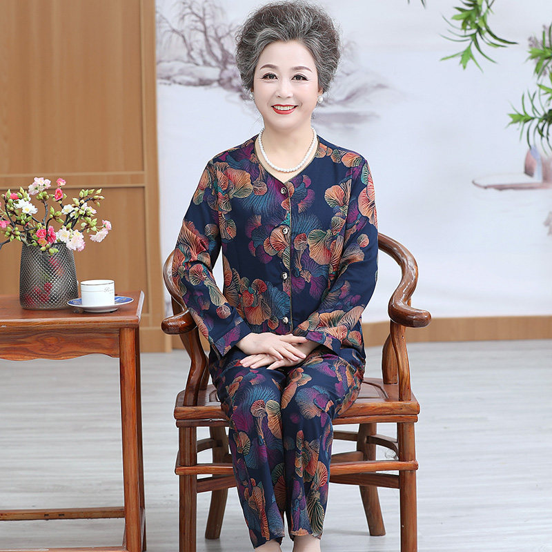 北极绒中老年棉绸套装长袖两件套妈妈睡衣女夏季家居服奶奶装开衫