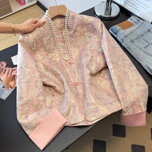 实拍新中式汉服国风改良盘扣立体提花立领翻折长袖女开衫上衣外套