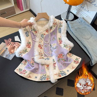 实拍新中式汉服重工刺绣斜襟盘扣毛边领夹棉加厚改良马甲上衣外套