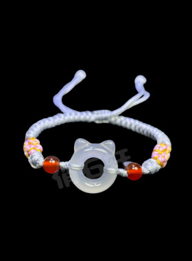 天然白玛瑙小猫玉髓猫耳朵玉猫咪吊坠玉石手链手牌圈环小猫头女款