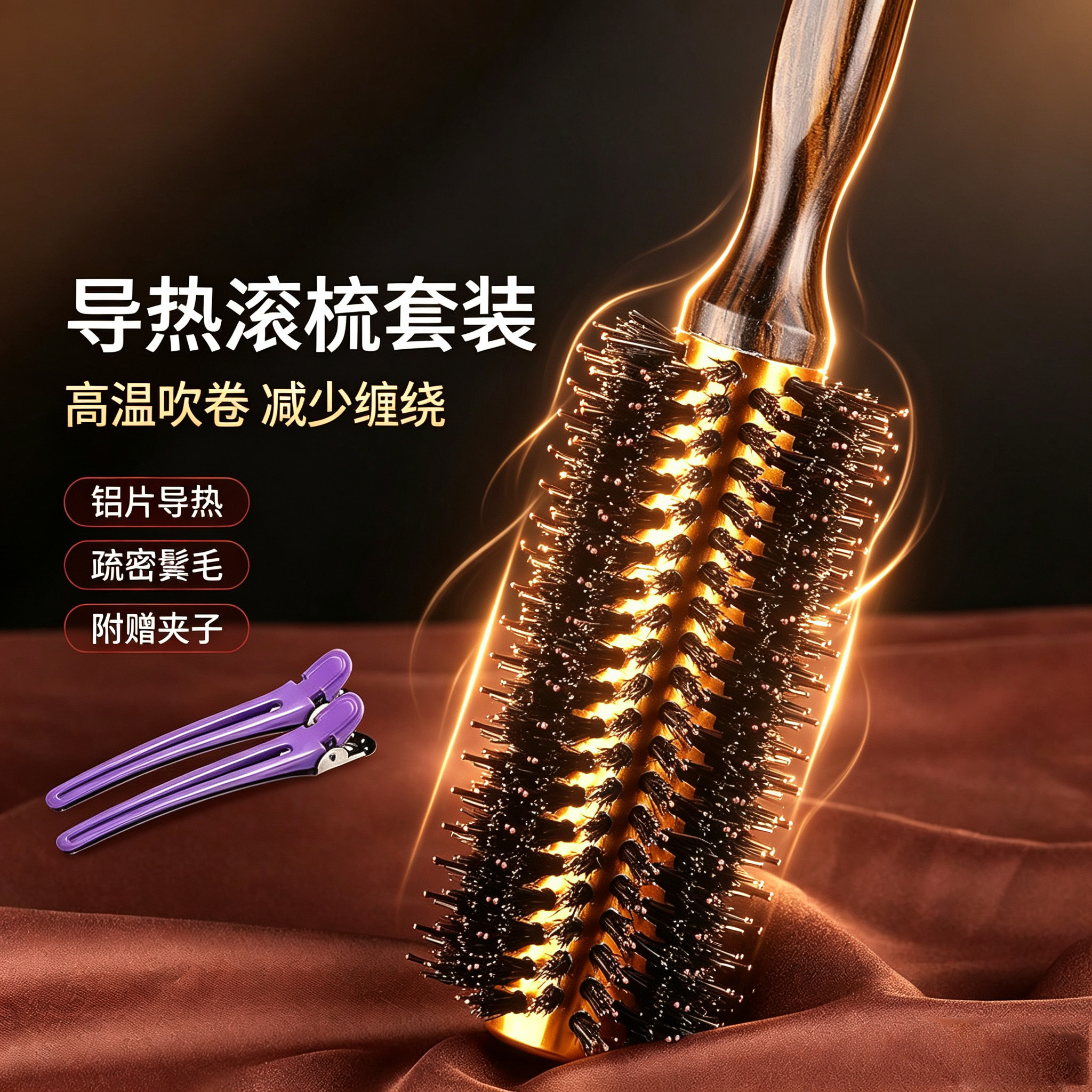 猪鬃毛内扣圆筒随身便携卷发梳子