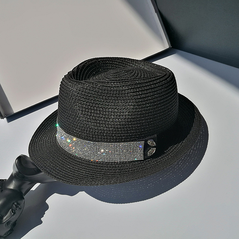 夏天英伦帽子女韩版时尚水钻闪亮礼帽百搭休闲黑色爵士帽遮阳草帽