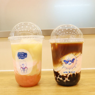 300/400/500ML一次性U型杯圣代杯子饮料果汁杯带盖奶茶杯定制logo