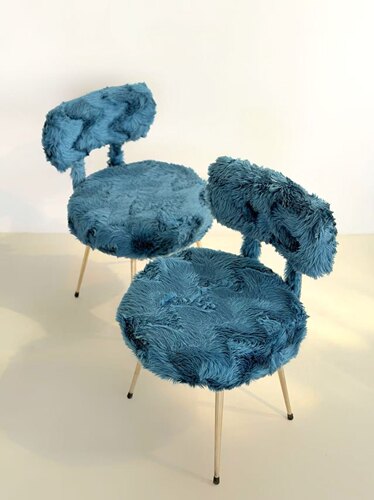 法国中古Mid-Century Modern蓝色绒毛单椅/梳妆台椅，现货一对