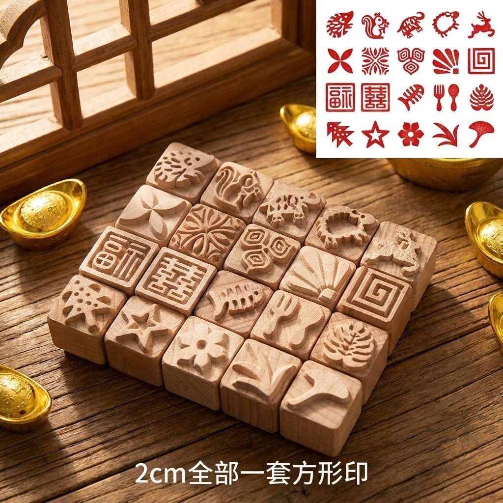 月饼印章木质馒头点心苏式糕点烘焙中式寿喜福字2cm一套面点印章
